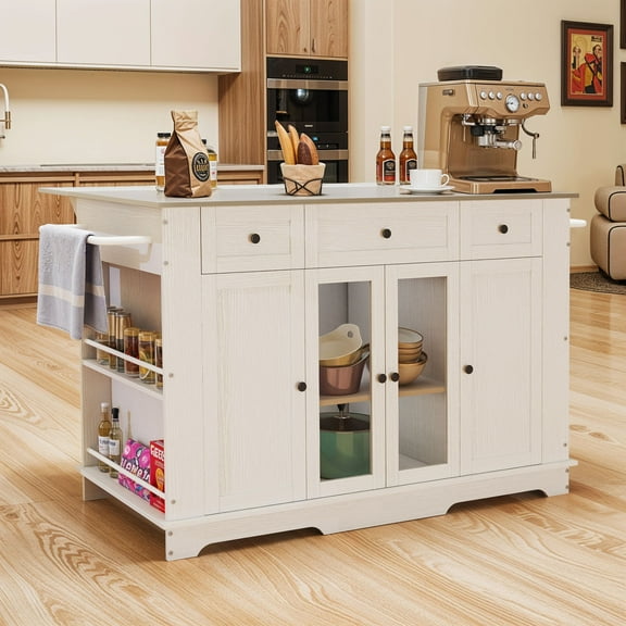 ModFusion 51" Rolling Kitchen Island Cart – Stainless Steel Top, Drop Leaf, Power Outlet, Adjustable Shelves, Hidden Wheels
