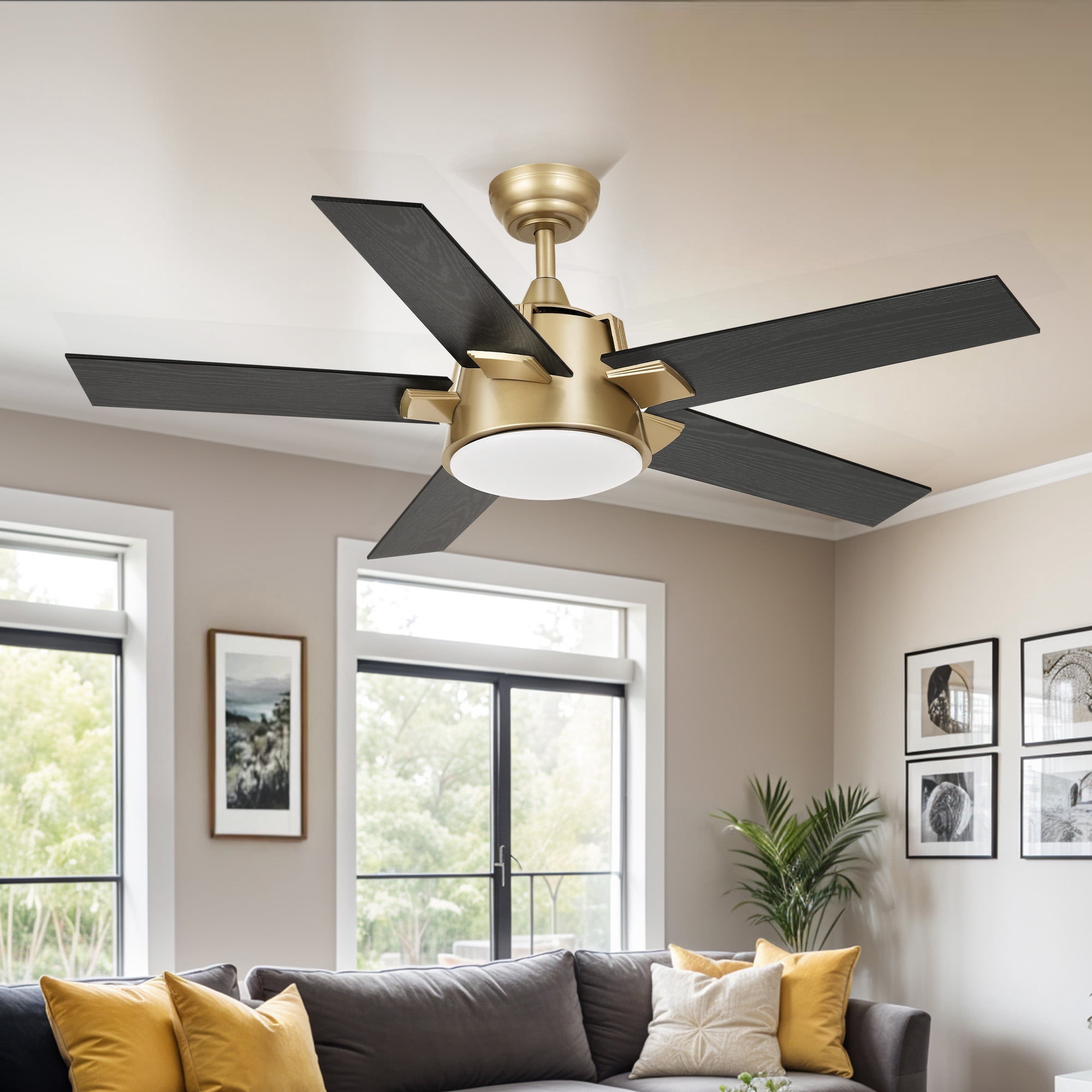 ModFusion 52-Inch LED Ceiling Fan with Remote, Dimmable Lights, 6-Speed, Gold & Black Wood Grain, Timer, Reversible Function, Wall Control