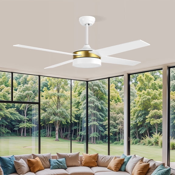 ModFusion 52-Inch Modern White & Gold Ceiling Fan with 4 Blades, LED Light, Remote Control, and Reversible DC Motor  Sleek, Contemporary Design