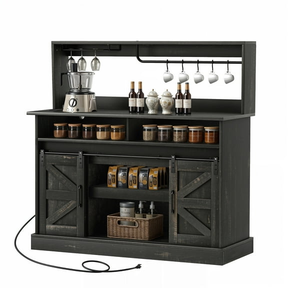 ModFusion 52-Inch Washed Gray Barn Door Buffet Cabinet with Power Outlets, USB Ports, Wine Glass Rack, and Storage Hooks