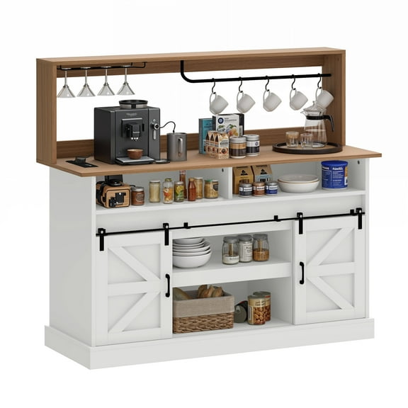 ModFusion 52" Sliding Barn Door Cabinet with Built-in Power Outlet Multi-Function Storage Cabinet for Kitchen, Living Room, Coffee Bar, or Buffet