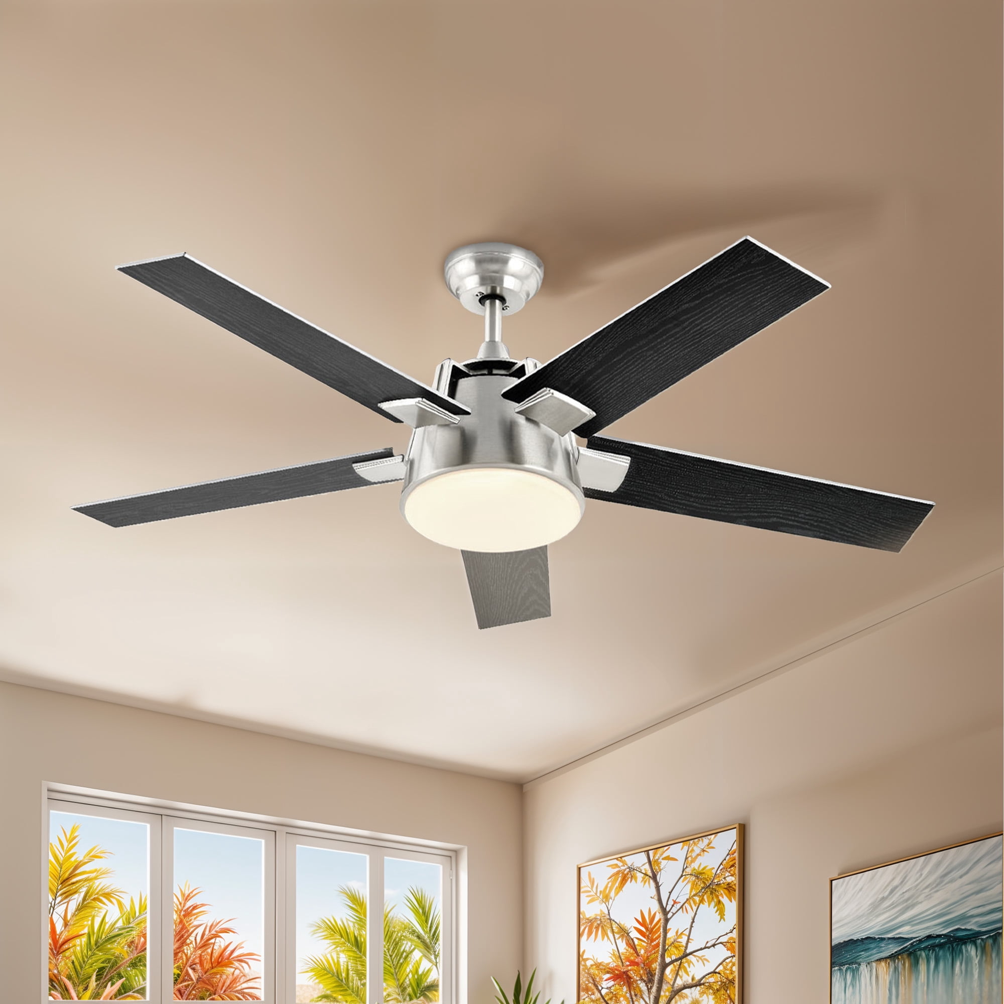 ModFusion 52in Modern Black & Silver Ceiling Fan, 6 Speeds, Quiet Air Reversible Motor, Dimmable LED