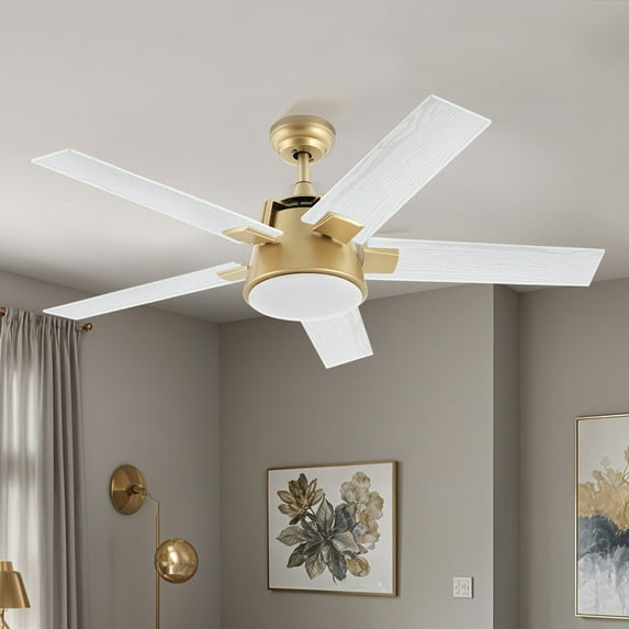 ModFusion 52in Modern Ceiling Fan, Quiet Air Reversible Motor, 6-Speed, Dimmable LED, White & Gold
