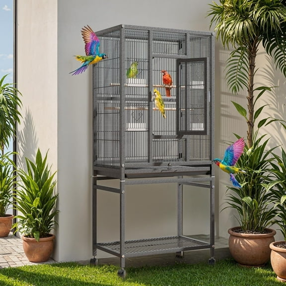 ModFusion 54 Inch Large Metal Bird Cage with Stand Perches and Food Dishes Mobile Base