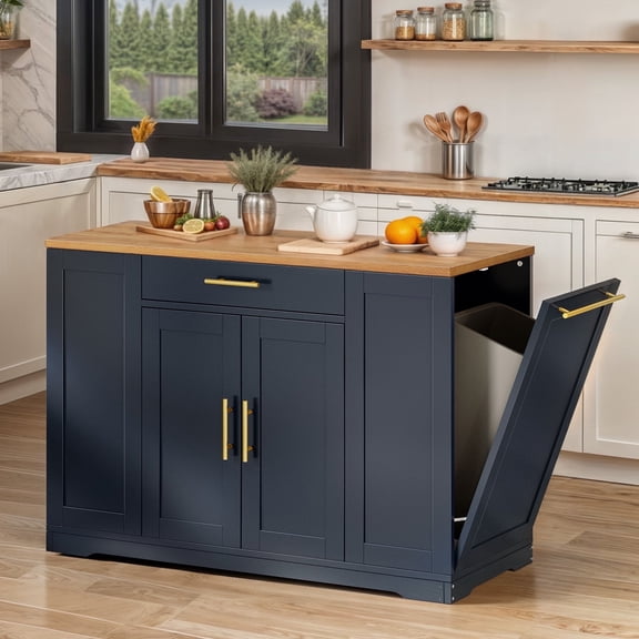 ModFusion 53 Rolling Kitchen Island Navy Blue with 3 Shelves, 2 Drawers & Trash Can Storage for Ultimate Organization