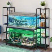 ModFusion 55-75 Gallon Double-Tier Aquarium Stand with Open Shelves, RGB LED Lights & Power Outlets, Black