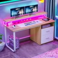 thumbnail image 1 of ModFusion 55" Computer Desk with Power Strip, LED Light, Monitor Shelf & Filing Cabinet, Office Desk with 2 Drawer & USB Ports, Woodgrain & White, 1 of 9
