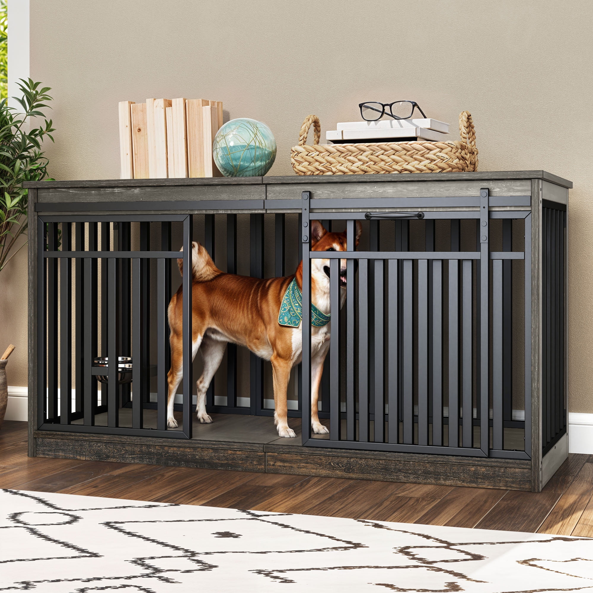 ModFusion 55" Extra-Large Pet Crate with Sliding Doors, Retro Wood & Iron Frame, Anti-Tip Design – Stylish Dog Cage for Living Room & Bedroom Use