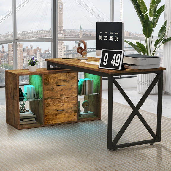 ModFusion 55" Gaming/ Office Computer Desk with LED Light & Power Outlets, File Cabinet, Reversible L Shaped Table, Rustic Brown