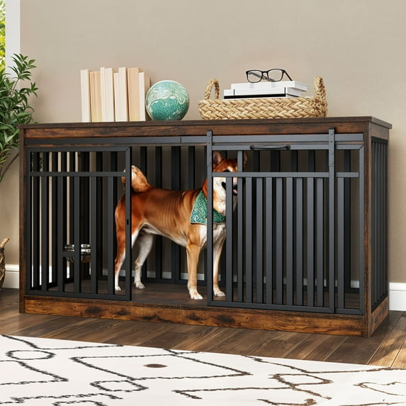 ModFusion 55" Extra-Large Dog Cage with Sliding Doors, Retro Wood & Iron Frame, Anti-Tip Design – Stylish Pet Crate for Living Room & Bedroom Use