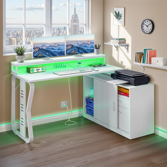 ModFusion 55 Inch Reversible L-Shaped Computer Desk with Power Outlets & LED Lights, Corner Office Desk with Sliding Door & Storage Shelves, White
