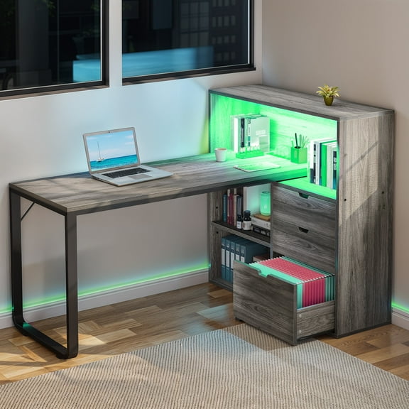 ModFusion 55" L Shaped Corner Computer Desk with Power Outlets, LED Lights, 3 Drawers and Bookshelf, Gray