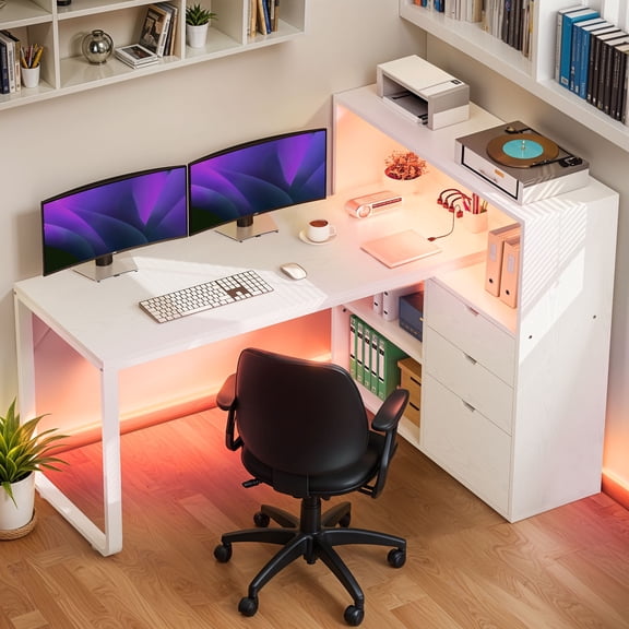 ModFusion 55" L Shaped Corner Computer Desk with Power Outlets, LED Lights, 3 Drawers and Bookshelf, White