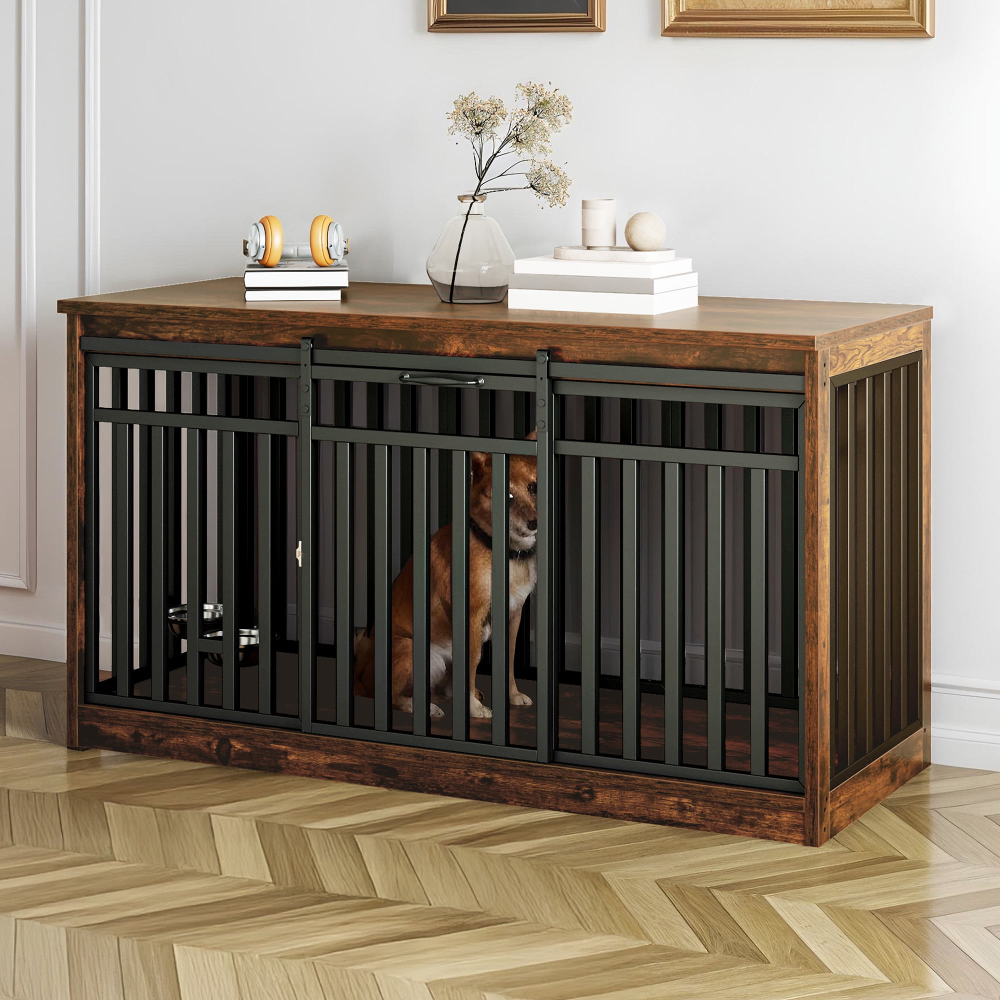 ModFusion 55" Sliding Door Dog Crate Furniture – Heavy-Duty Metal Frame & Vintage Wood Top, Fits Large Dogs up to 110 lbs