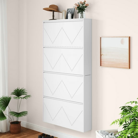 ModFusion 56" Wall-Mounted 4-Tier Shoe Cabinet  Narrow, Durable, Water-Resistant White Shoe Organizer for Entryway, Hallway & Closet