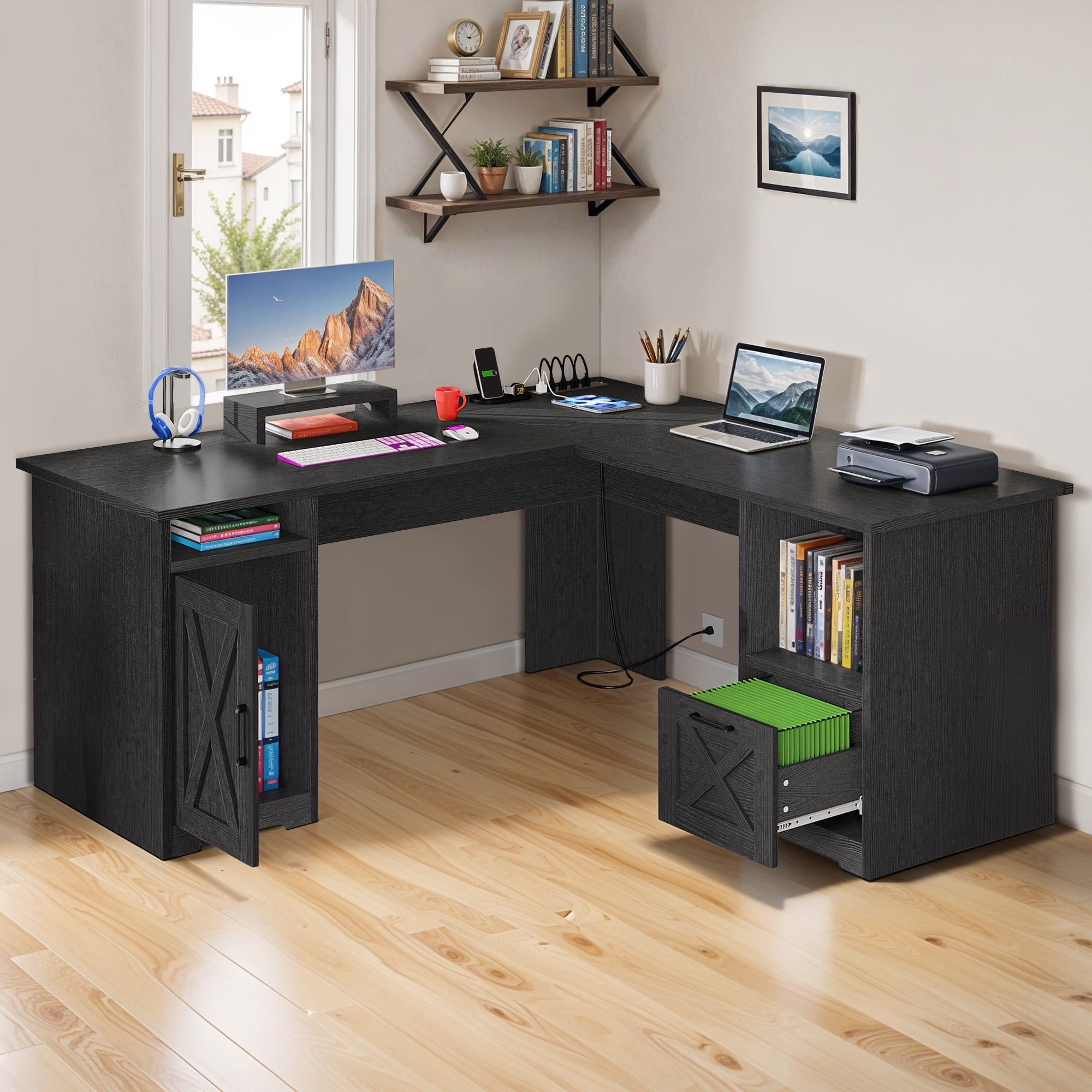 ModFusion 59 Inch L Shaped Corner Computer Desk with Power Outlets & USB Ports, Office Desk with File Drawer, Monitor Stand & Storage Shelves, Black