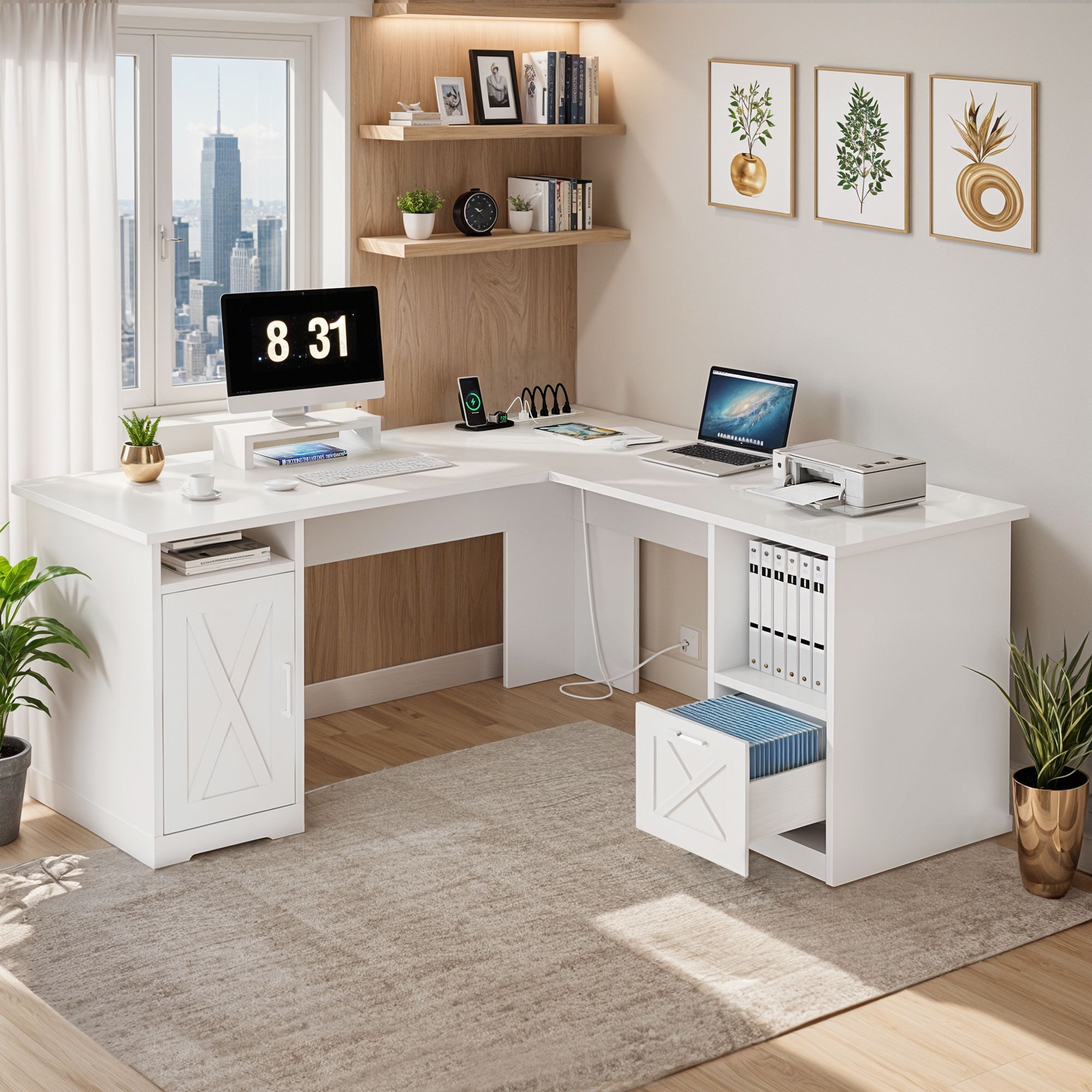 ModFusion 59 Inch L Shaped Corner Computer Desk with Power Outlets & USB Ports, Office Desk with File Drawer, Monitor Stand & Storage Shelves, White