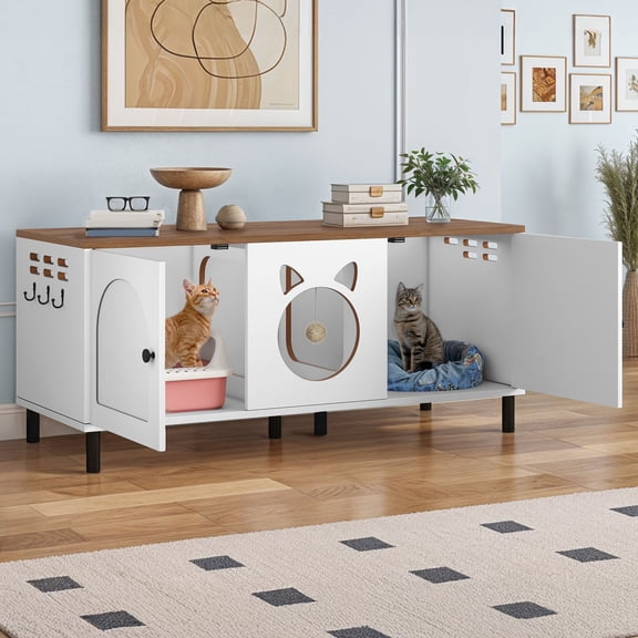 ModFusion 59" Modern Cat Litter Box Enclosure TV Stand Multi-Functional Cat Furniture with Hidden Litter Box, Storage Hooks & Pet Bed, White & Walnut