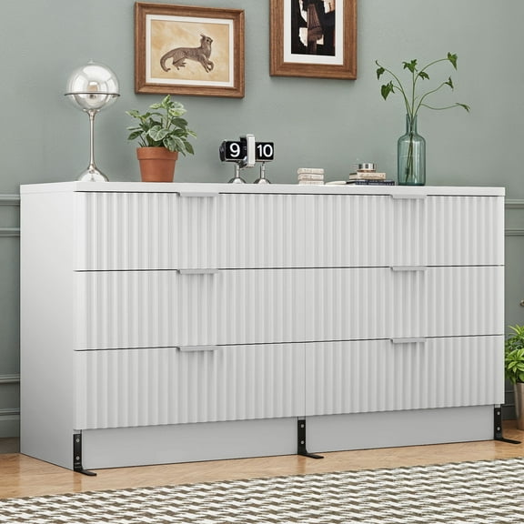 ModFusion 6-Drawer Fluted Double Dresser, 47.5 inch Elegant Chest of Drawer Storage Cabinet for Bedroom, Living Room, Entryway, White