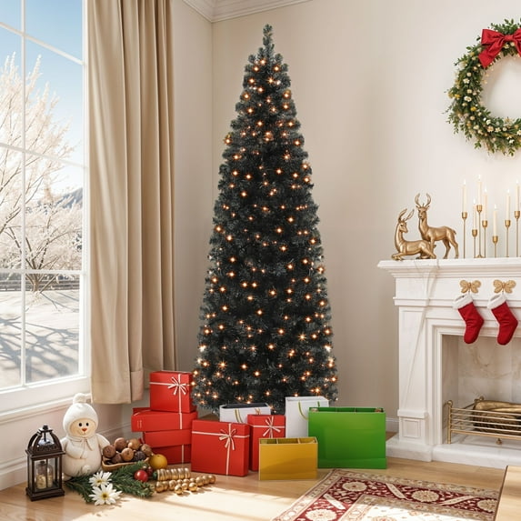 ModFusion 6 Ft Pre-Lit Artificial Slim Pencil Christmas Tree, 700 Branch Tips, 200 Lights