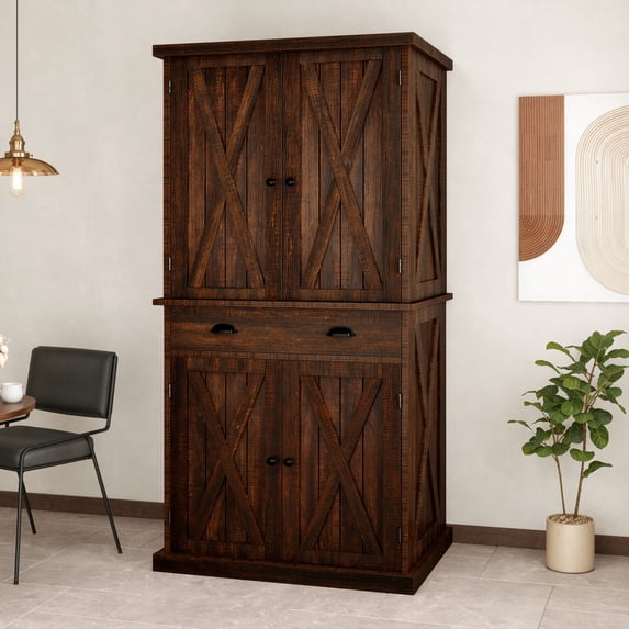 ModFusion 6 Ft Tall Pantry Cabinet: 5 Shelves, Adjustable Storage, Spacious Flatware Drawer, Spice Organizer, Pet Food Rack, 4 Doors, Antique Kitchen Corner Shelf, Dining Room Cupboard, Rustic Brown