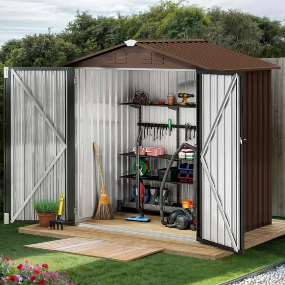 ModFusion 6' x 4' Odorless & Waterproof Shed & Outdoor Storage: 2 Door, Lock, Vent Window, Gable Roof, Large Galvanized Metal, Ideal for Storing Trash Bin, Sports and Recreational Equipment, Brown