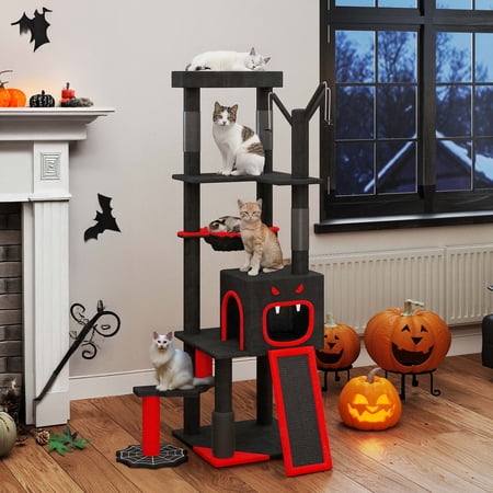 ModFusion 60.2" Gothic Halloween Cat Tree Tower – Black & Red Cat Furniture with Coffin Nest, Monster House & Scratching Posts
