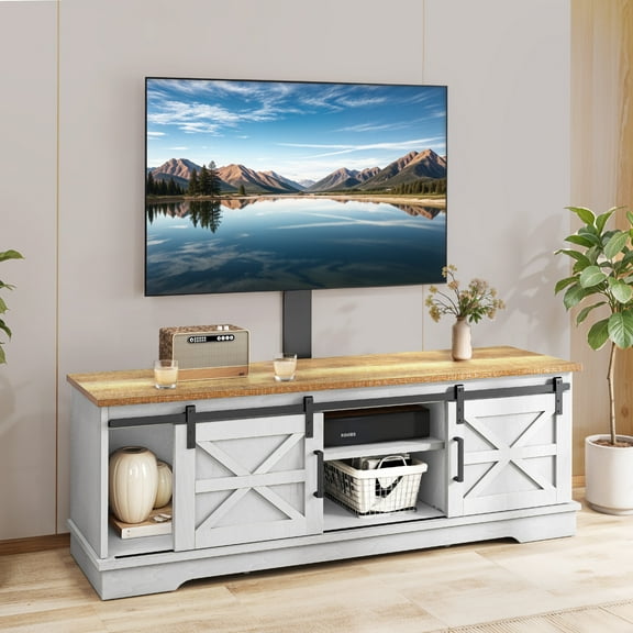 ModFusion 60" Barn Door TV Cabinet with Adjustable Bracket, Farmhouse Entertainment Center, Washed Gray Top & White Body, Fits 32–70" TVs, 300 lbs Capacity