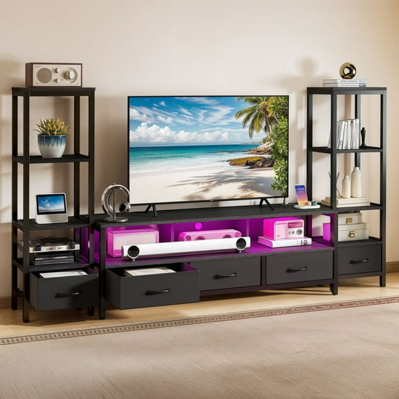 ModFusion 60” Black TV Stand with Storage Drawers & Adjustable Side Shelves, Fits TVs up to 65”