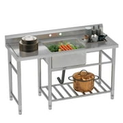 ModFusion 60" Industrial Prep Utility Sink, Stainless Steel with Double Drainboards, 1.9x4.9x3 ft Deep Single Bowl, Water Pipes, Storage Shelf for Laundry Tub, Cold Hot Faucet Mount