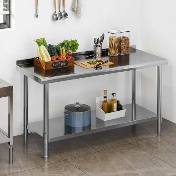 ModFusion 5ft Stainless Steel Work Table with Hooks, Backsplash, Adjustable Storage, 5x2x2.7 ft Kitchen Workbench, Portable Food Preparation, Workshops