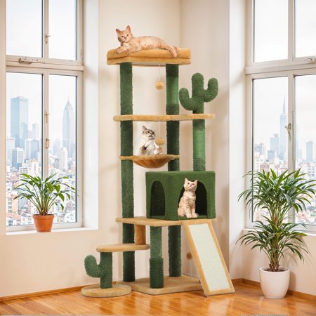 ModFusion 60" Tall Multi-Level Cat Tree with Cactus Design, Plush Perches, Scratching Posts, and Hammock for Pets