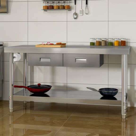 ModFusion 60"x24" Stainless Steel Prep Table with Dual Drawers, Adjustable Shelf, Heavy-Duty Metal Paper Towel Holder, 5x2 ft Utility Workbench