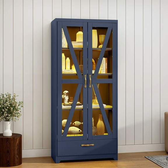 ModFusion 61" Blue Glass Door Storage Cabinet with LED Lighting, Adjustable Shelves, Wall Mount, Secure Lock & Display Drawer