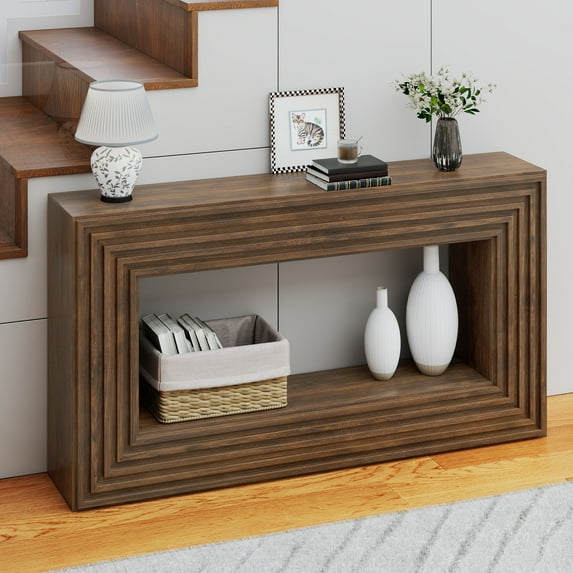 ModFusion 61-Inch Vintage Walnut Console Table with Layered Frame Design – P2 MDF Entryway Accent Table with Anti-Tipping Kit & Felt Pads