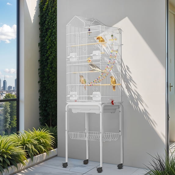ModFusion 62" Metal Birdcage with Rolling Stand, Playful Accessories for Parakeets, Lovebirds & Conures – White