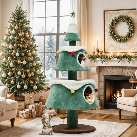ModFusion 63” Christmas Cat Tree Tower – Multi-Level Cat Condo with 2 Semi-Enclosed Houses, Plush Ball Toys & Holiday Design