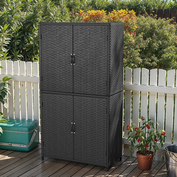ModFusion 63-in Outdoor Storage Shed, Black Weatherproof Wicker Patio Cabinet with Double Doors – Garden & Tools Organizer