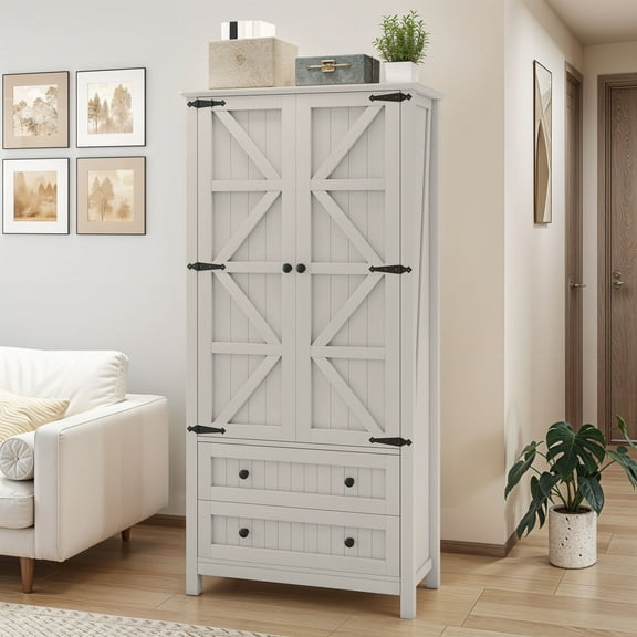 ModFusion 5.3ft Tall Pantry Cabinet with 2 Drawers, Adjustable Shelves, Spice Food Storage, Farmhouse Kitchen, Dining Room Organizer, White Oak