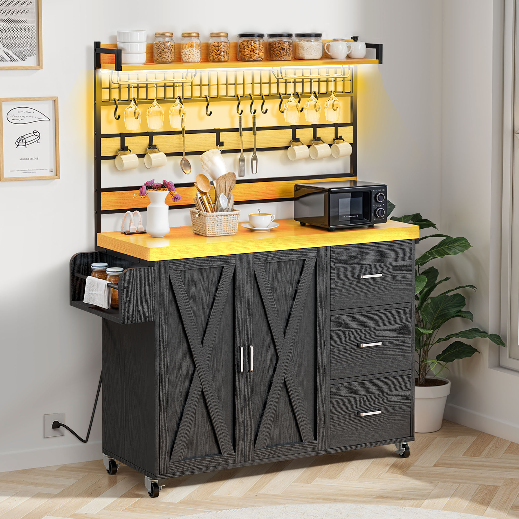 ModFusion 64" Rolling Kitchen Island with Power Outlet, LED Lighting