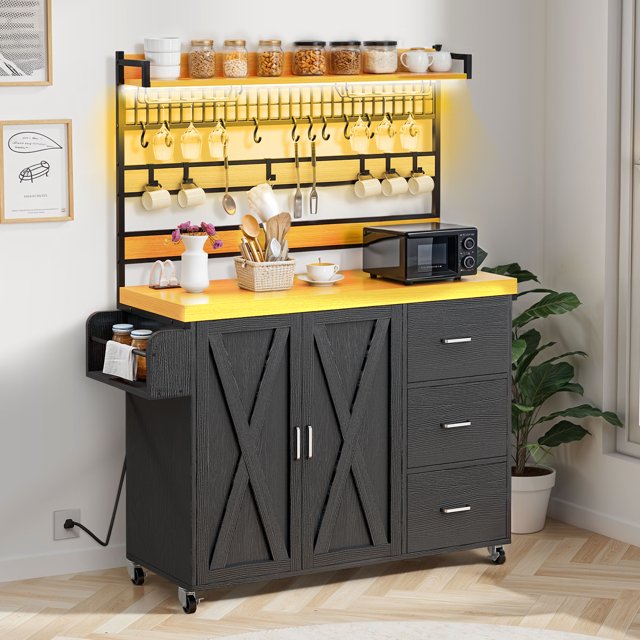 ModFusion 64" Rolling Kitchen Island with Power Outlet, LED Lighting