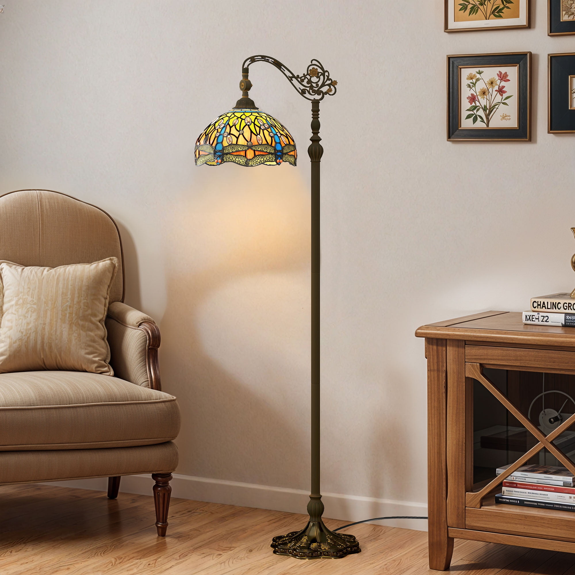 ModFusion 65" Antique Bronze Floor Lamp with Colored Glass Lampshades & Foot Switch, Stained Glass Lamp with E26 Bulbs Compatible, 120V - Walmart.com