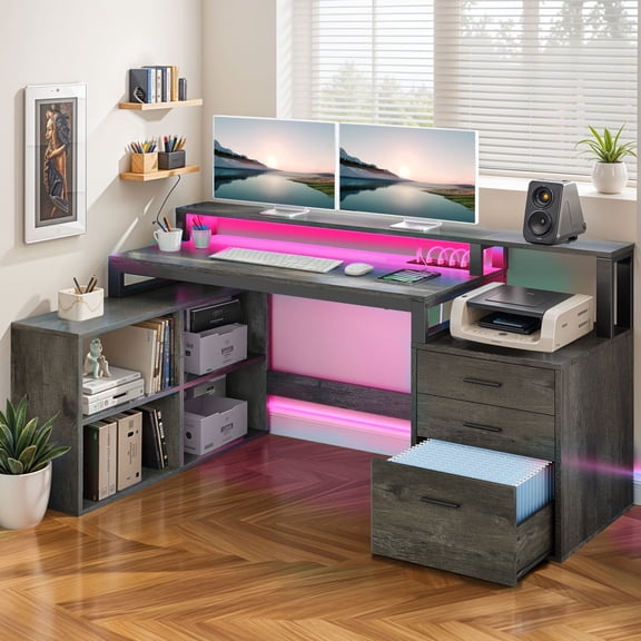 ModFusion 65" Corner L Shaped Computer Desk with 3 Drawers, Power Outlets, LED Lights, File Cabinet & Printer Stand for Home Office, Gray