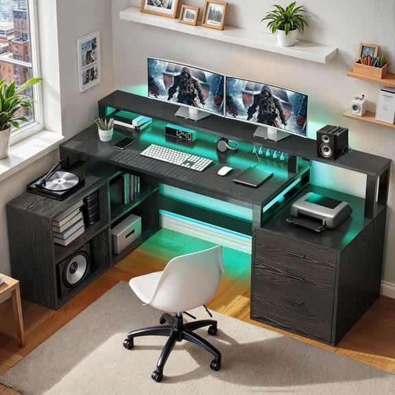 ModFusion 65" Home Office Desk with 3 Drawers & 4 Storage Shelves, L-Shaped Computer Desk with Power Outlets, LED Lights & Printer Stand, Black