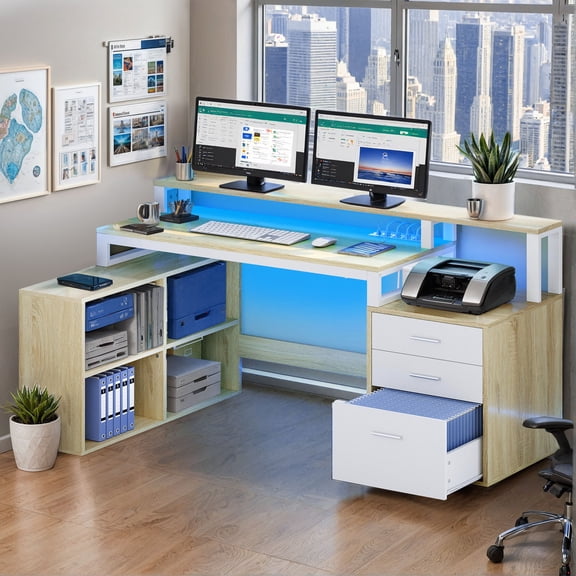 ModFusion 65" Home Office Desk with 3 Drawers & 4 Storage Shelves, L-Shaped Computer Desk with Power Outlets, LED Lights & Printer Stand, White Oak
