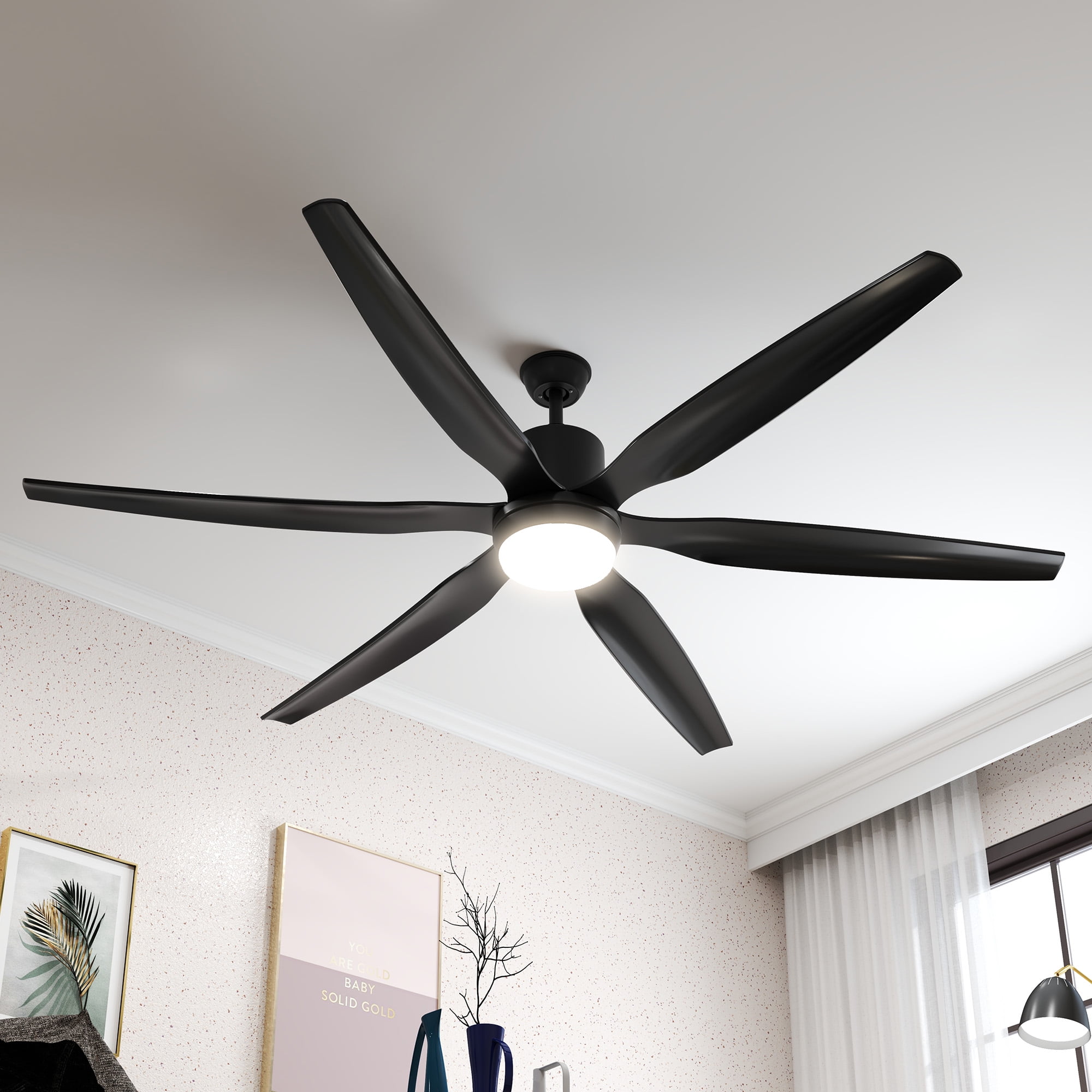 ModFusion 66-Inch Large Black Ceiling Fan with 6 Blades, Smart Control, LED Light, Reversible Quiet DC Motor, Remote & App Controlled
