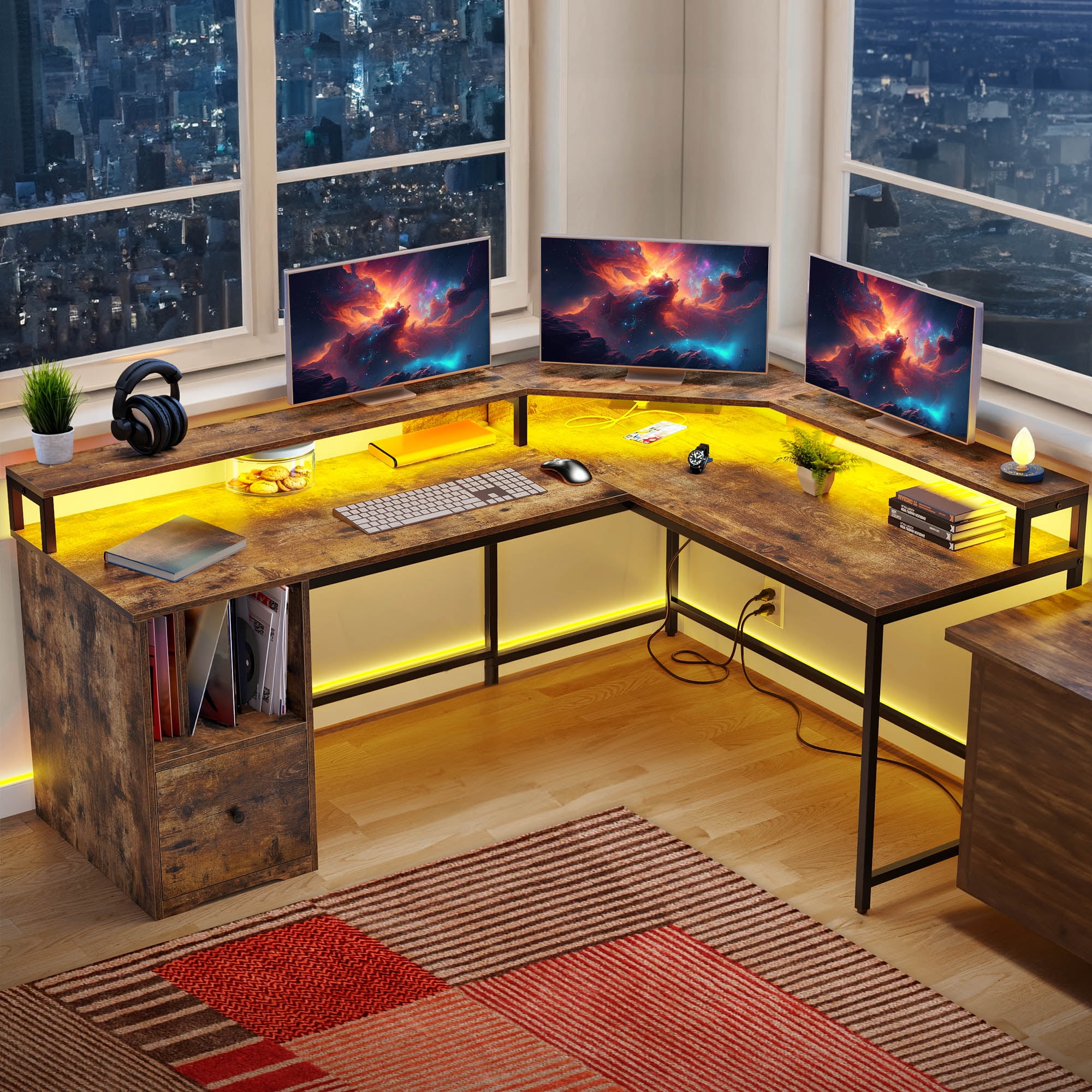 Computer Table With Monitor ModFusion 67” L-Shaped Computer Desk with Monitor Stand, Power Outlets ...