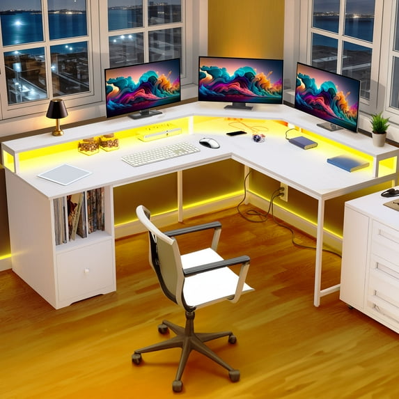 ModFusion 67” L-Shaped Computer Desk for Home Office with Monitor Stand, Power Outlets, LED Lights & File Drawer – White