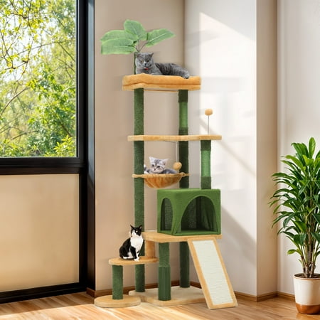 ModFusion 67" Tall Multi-Level Green Cat Tree with Plush Perches and Scratching Posts
