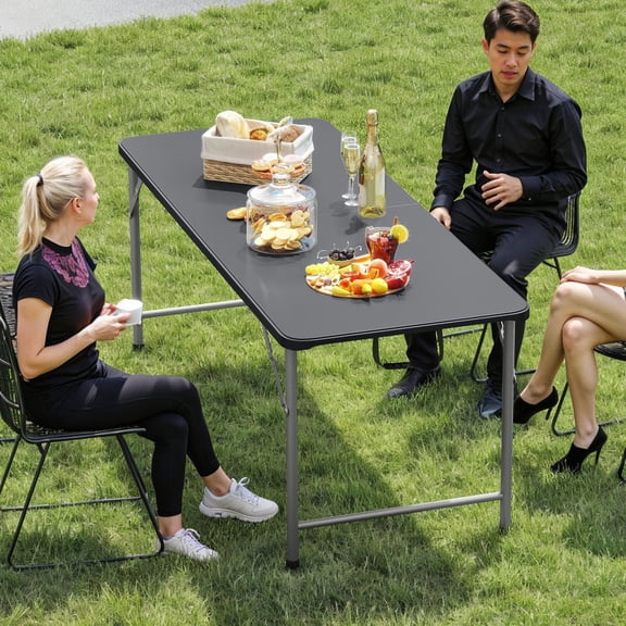ModFusion 6ft Folding Table, Heavy Duty Portable HDPE Table with Metal Legs, 330 lbs Weight Capacity, Built-in Carry Handle, Stain Resistant Design for Indoor Outdoor Party, Picnic, Camping, Black